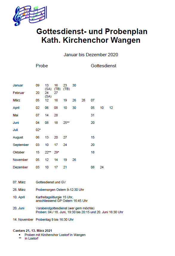 Probenplan 2020 Kirchenchor